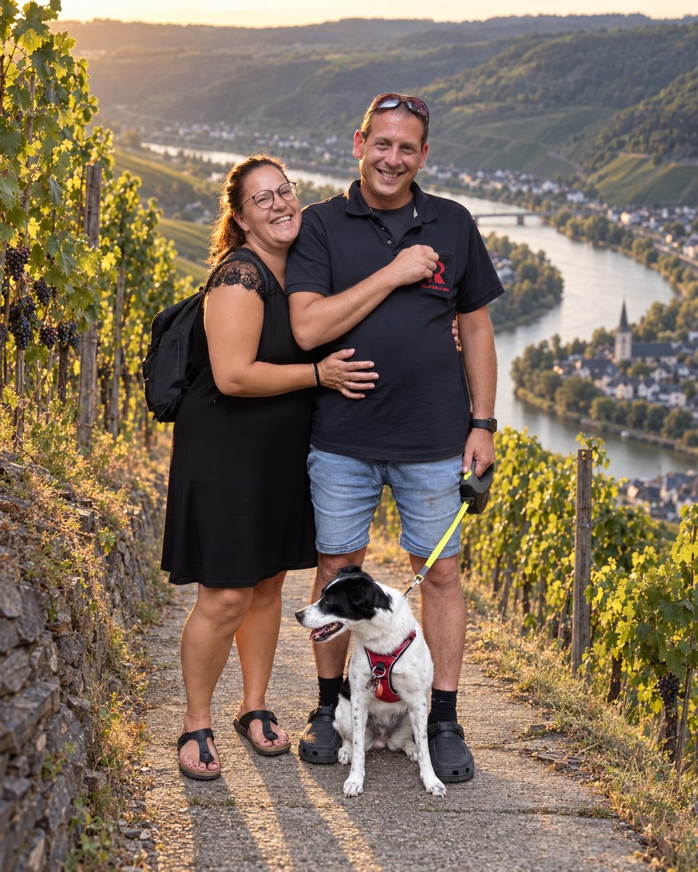 Jutta und Karsten mit Hündin Katela auf einem Weinbergweg über der Mosel