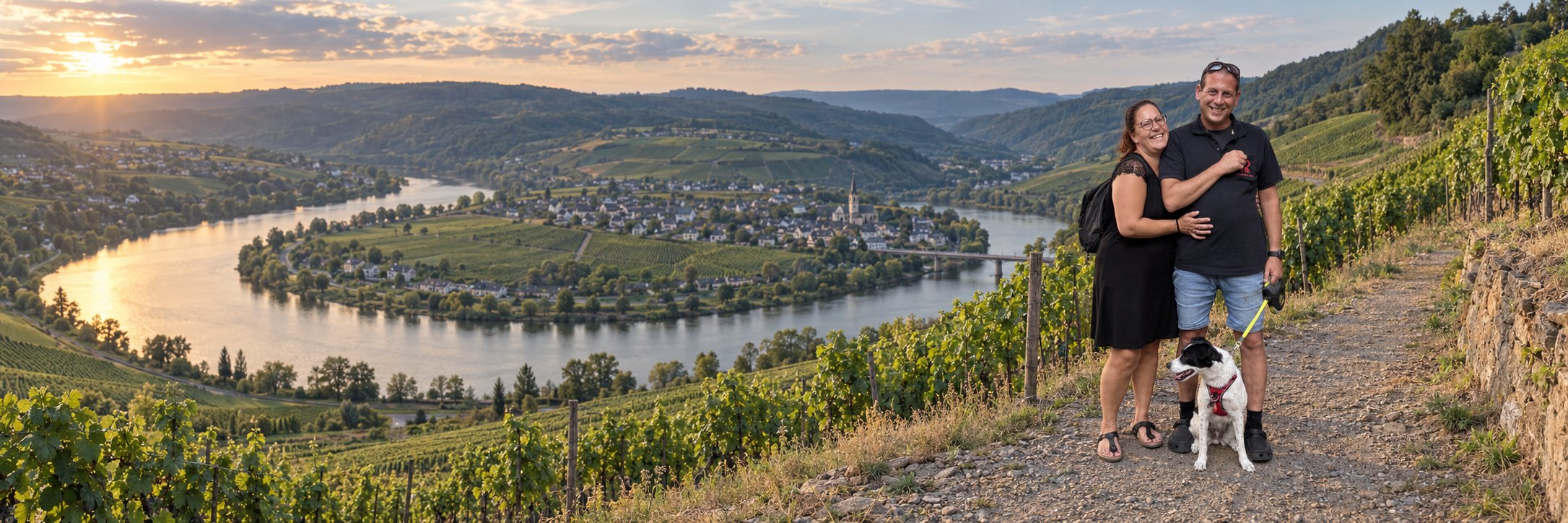 Jutta und Karsten mit Hündin Katela auf einem Weinbergweg über einer Moselschleife