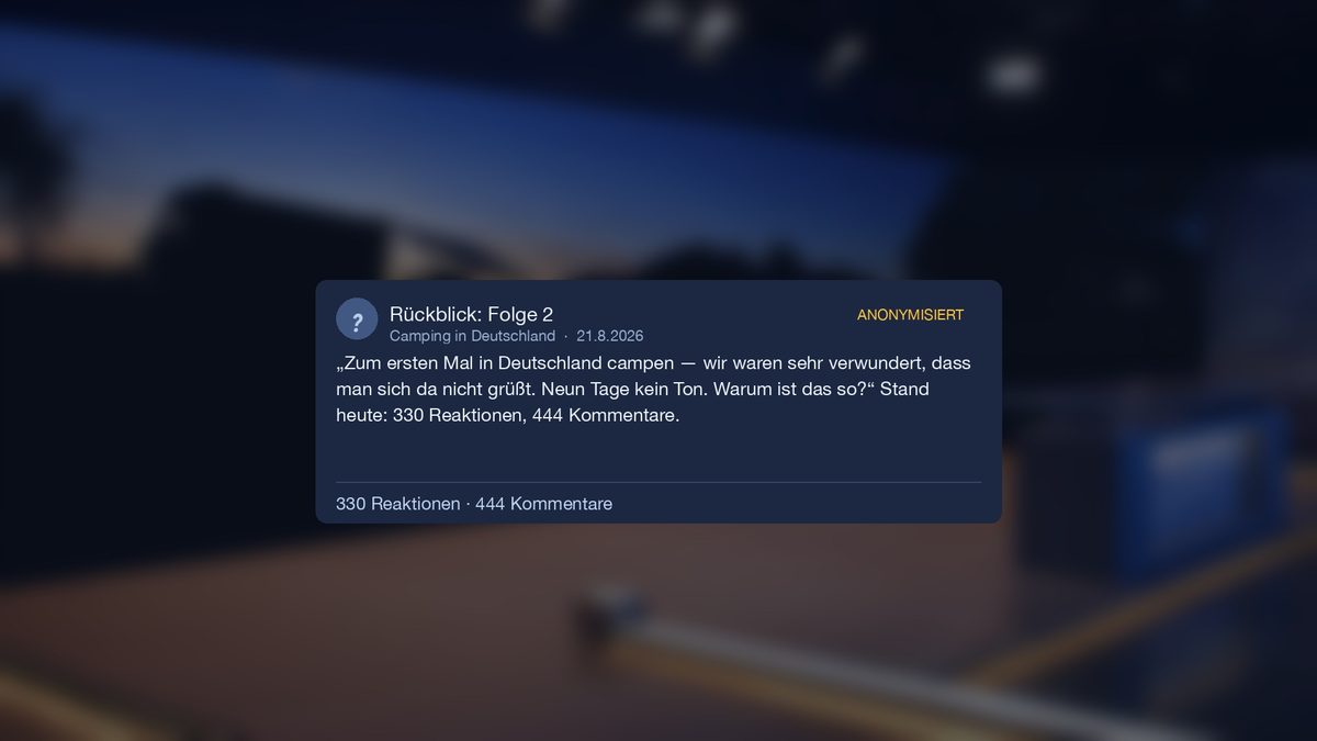 Rückblick auf Folge 2: der Gruß-Beitrag aus der Gruppe, Stand heute 330 Reaktionen und 444 Kommentare