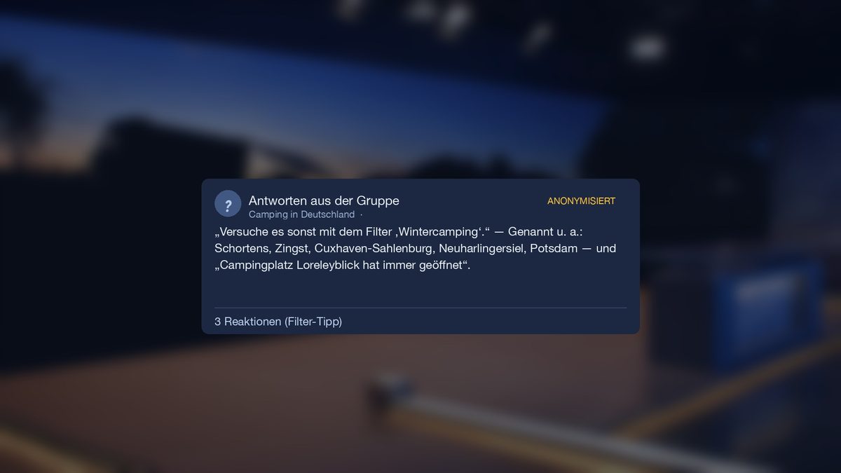 Antworten aus der Gruppe: Filter Wintercamping, dazu genannte ganzjährig geöffnete Plätze