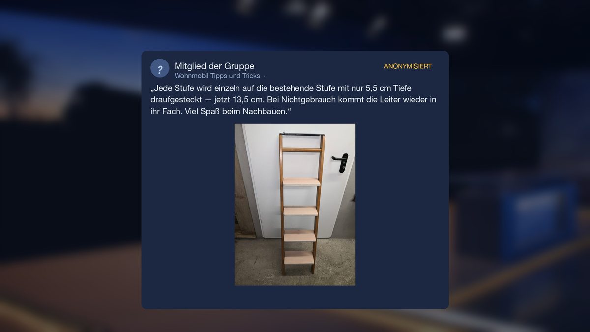 Foto: dieselbe Leiter mit aufgesteckten, 13,5 cm tiefen Holzstufen