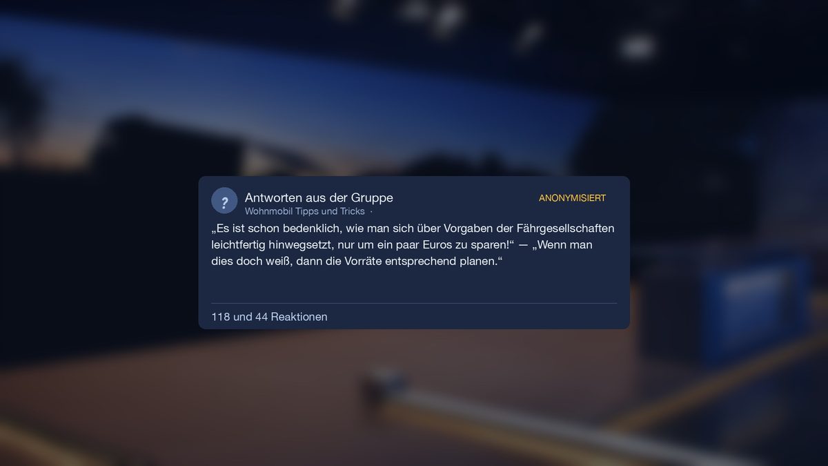 Antworten aus der Gruppe mit 118 und 44 Reaktionen: Vorgaben der Fährgesellschaft einhalten, Vorräte planen