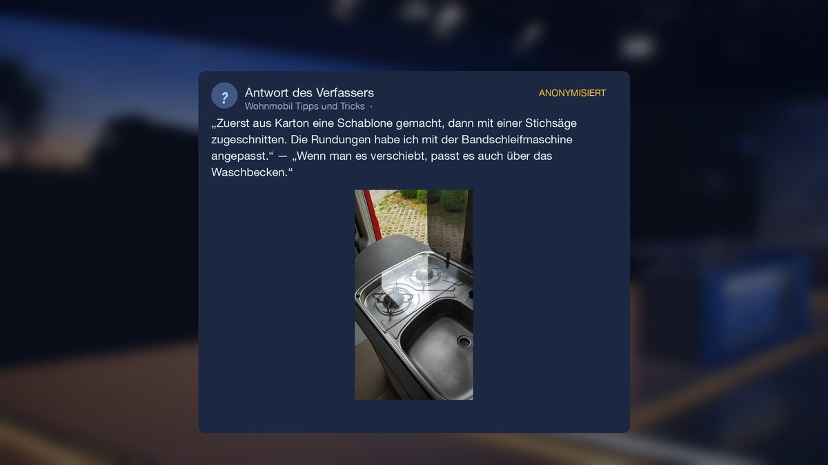 Antwort des Verfassers mit Foto: Schablone aus Karton, Stichsäge, Rundungen mit dem Bandschleifer