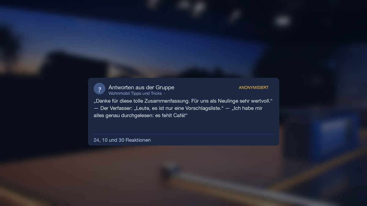 Antworten aus der Gruppe mit 24, 10 und 30 Reaktionen: wertvoll für Neulinge, nur eine Vorschlagsliste, es fehlt Café