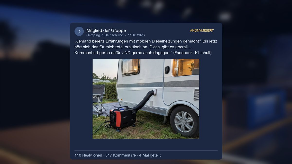 Anonymisierter Beitrag mit einem als KI-Inhalt gekennzeichneten Bild: mobile Dieselheizung vor einem Wohnwagen – 110 Reaktionen, 317 Kommentare