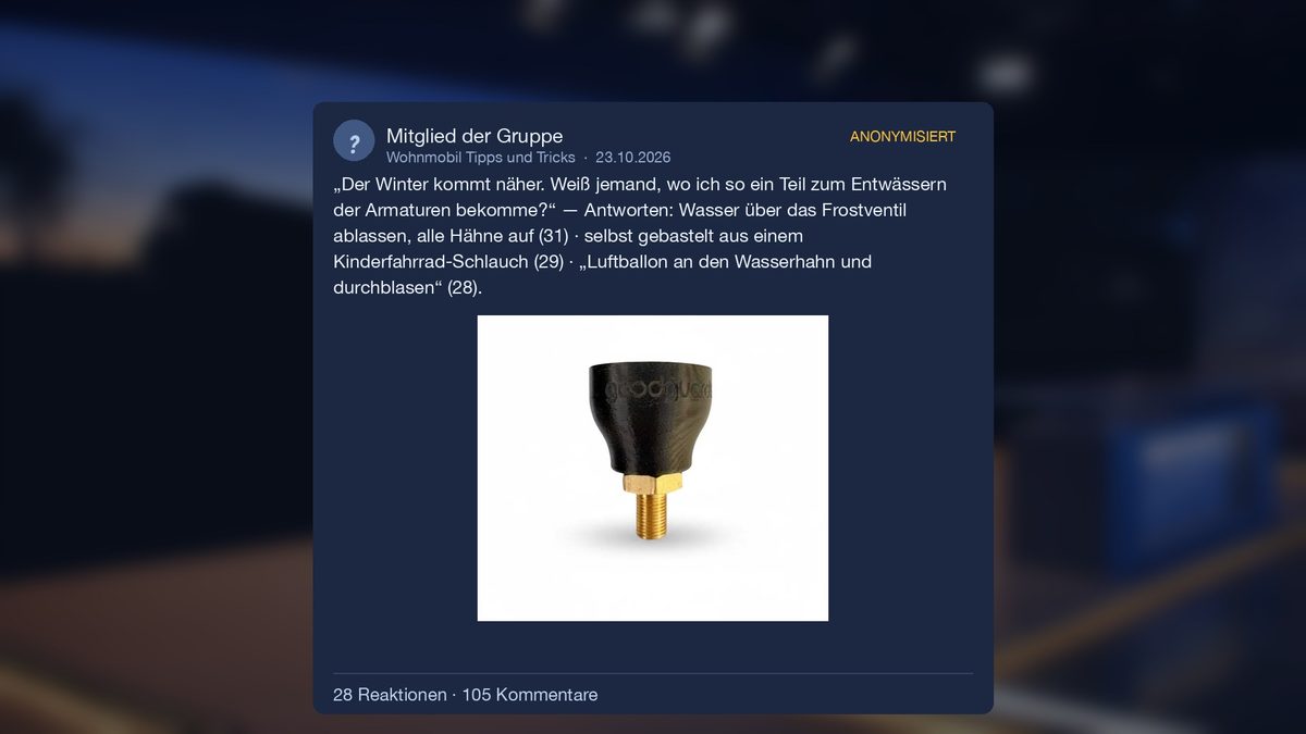 Anonymisierter Beitrag mit Produktfoto eines Ausblasaufsatzes – Antworten mit 31, 29 und 28 Reaktionen: Frostventil, Fahrradschlauch, Luftballon