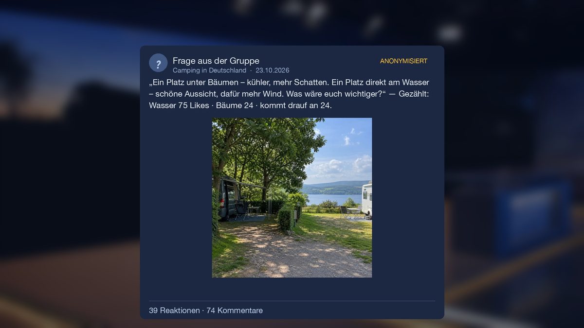 Beitrag mit Foto eines Stellplatzes zwischen Bäumen und Seeufer: Platz unter Bäumen oder am Wasser? – gezählt Wasser 75, Bäume 24, kommt drauf an 24